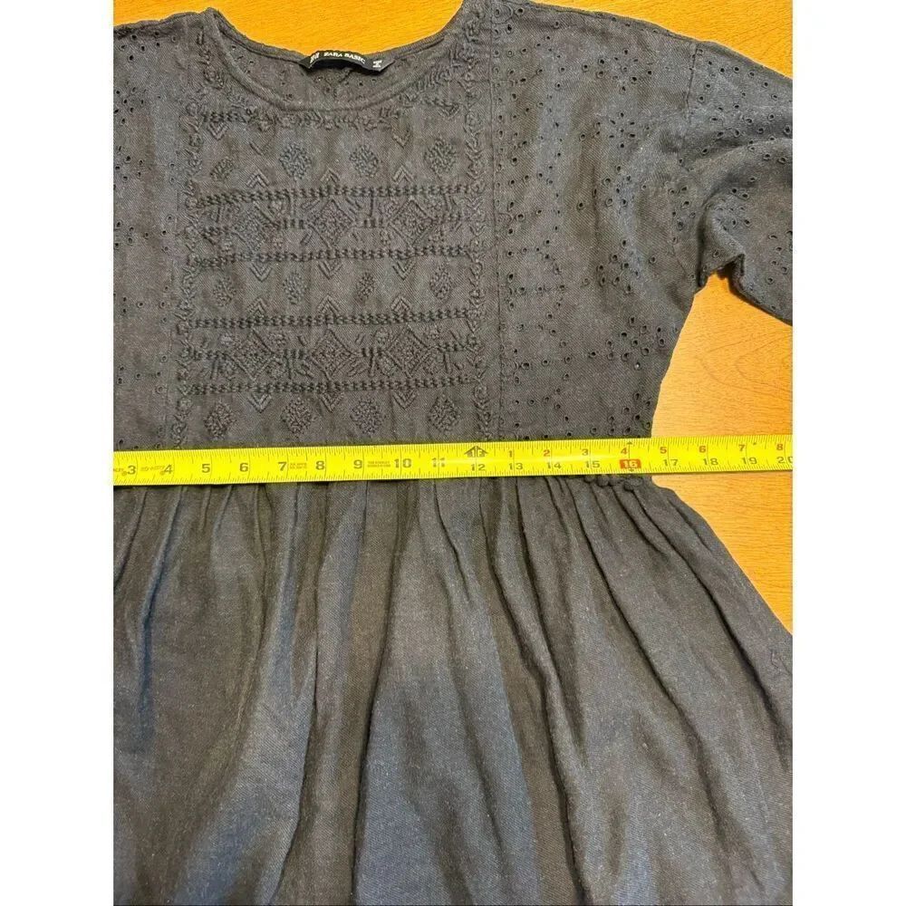 Zara Women's Embroidered Eyelet Long Sleeve Cotton Blend Mini Dress Black XS - Picture 10 of 11